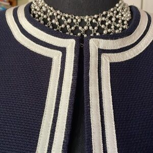 Talbots Blue Open Front Blazer with Art Deco White Trim Size 6P